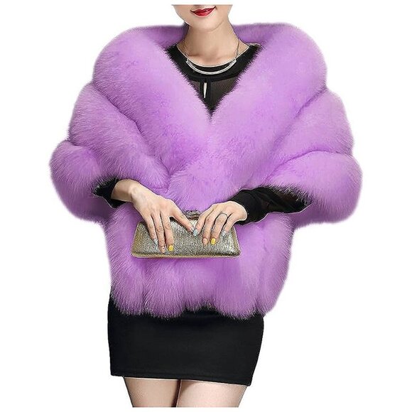 Accessories - Women's Luxury Party Faux Fox Fur Long Shawl , A-lilac